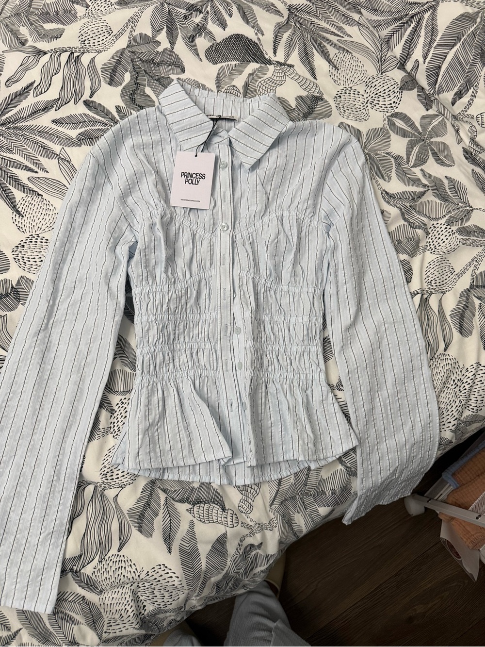 Princess Polly Light Blue Pinstripe Shirred-Waist Button Down